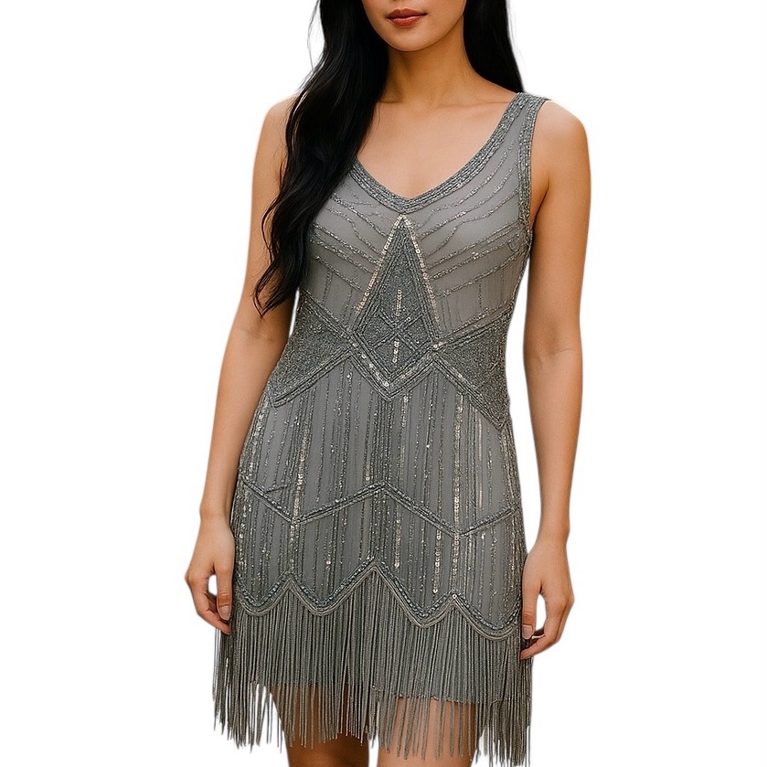 Sequin Dress W/Fringes. Gray. Sz M.
